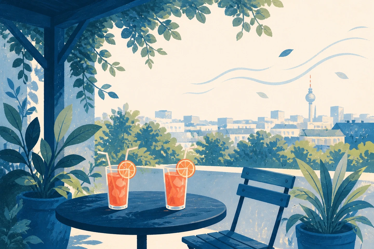 Textfreie Editorial Illustration einer schattigen Caféterrasse mit kalten Getränken und dem Berliner Fernsehturm in der Ferne