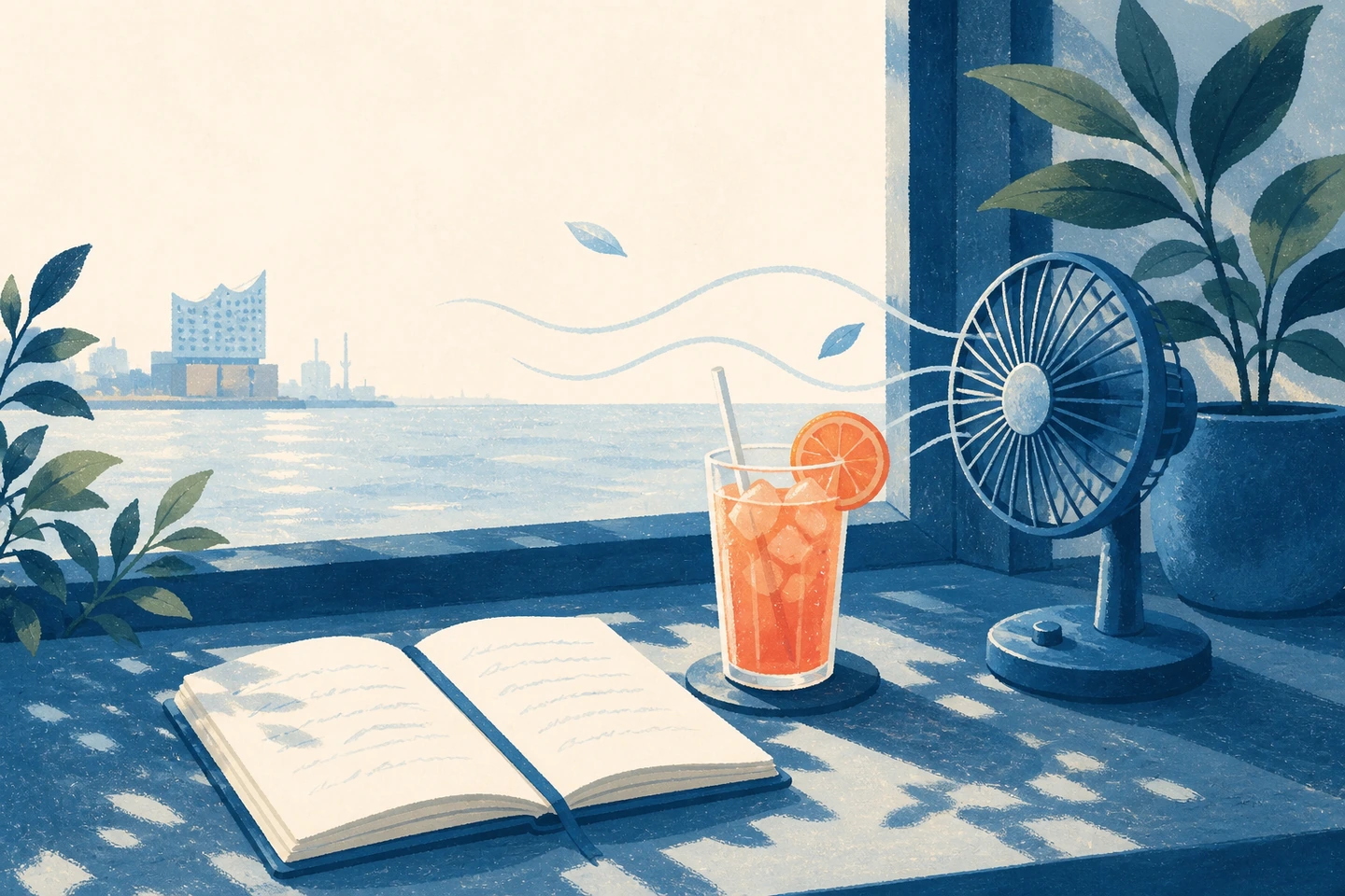 Textfreie Editorial Illustration eines kühlen Café Fensterplatzes mit Eiskaffee, Ventilator und der Elbphilharmonie in der Ferne