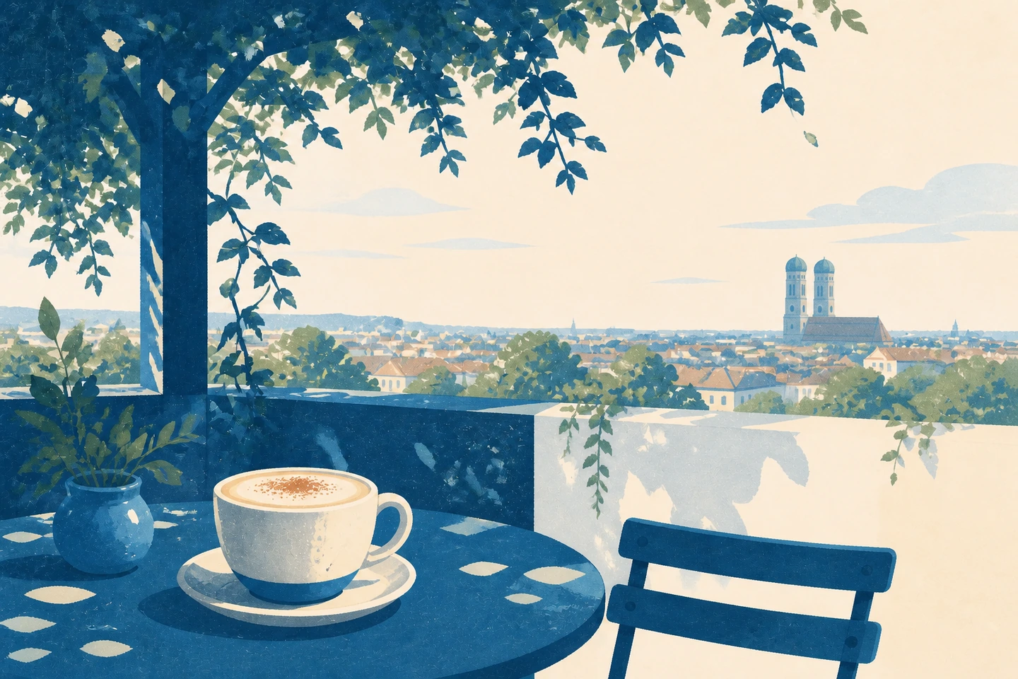 Textfreie Gouache Illustration einer schattigen Caféterrasse mit Chai Latte und der Münchner Frauenkirche in der Ferne