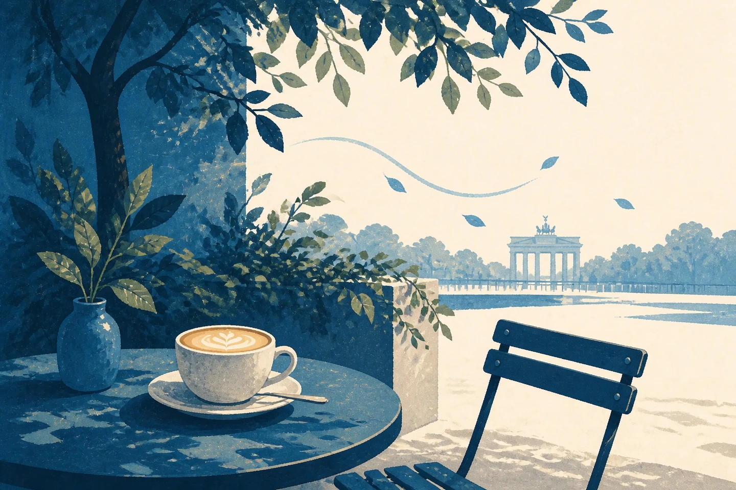 Textfreie Editorial Illustration einer schattigen begrünten Caféterrasse mit Flat White und dem Brandenburger Tor in der Ferne