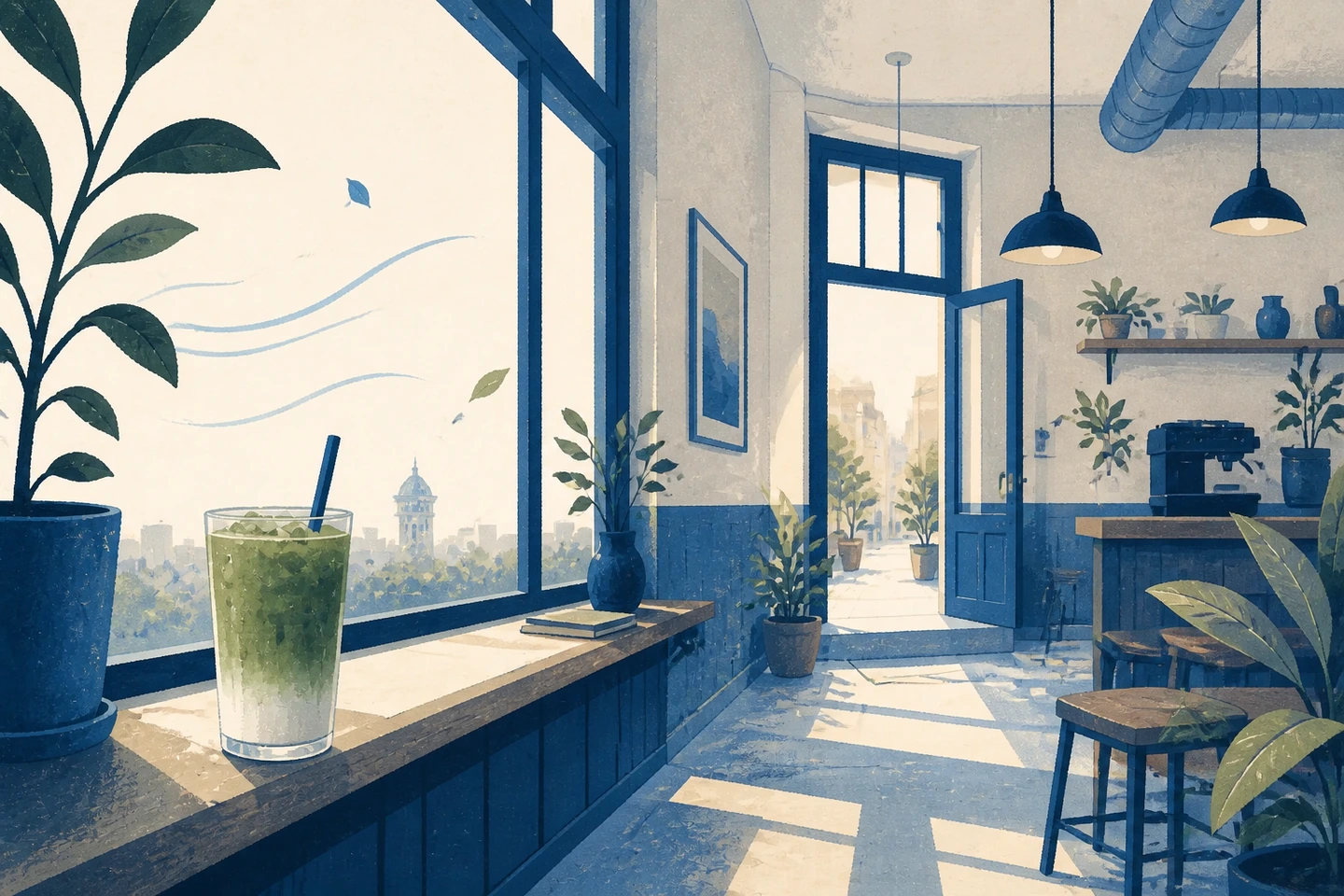 Textfreie Editorial Illustration eines hohen Caféinnenraums mit Iced Matcha Latte am Fenster und dem Mannheimer Wasserturm im Hintergrund