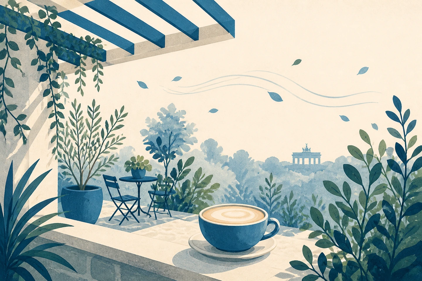 Textfreie Gouache Illustration: begrünter Caféinnenhof mit Cappuccino auf einer Steinablage und Brandenburger Tor im Hintergrund