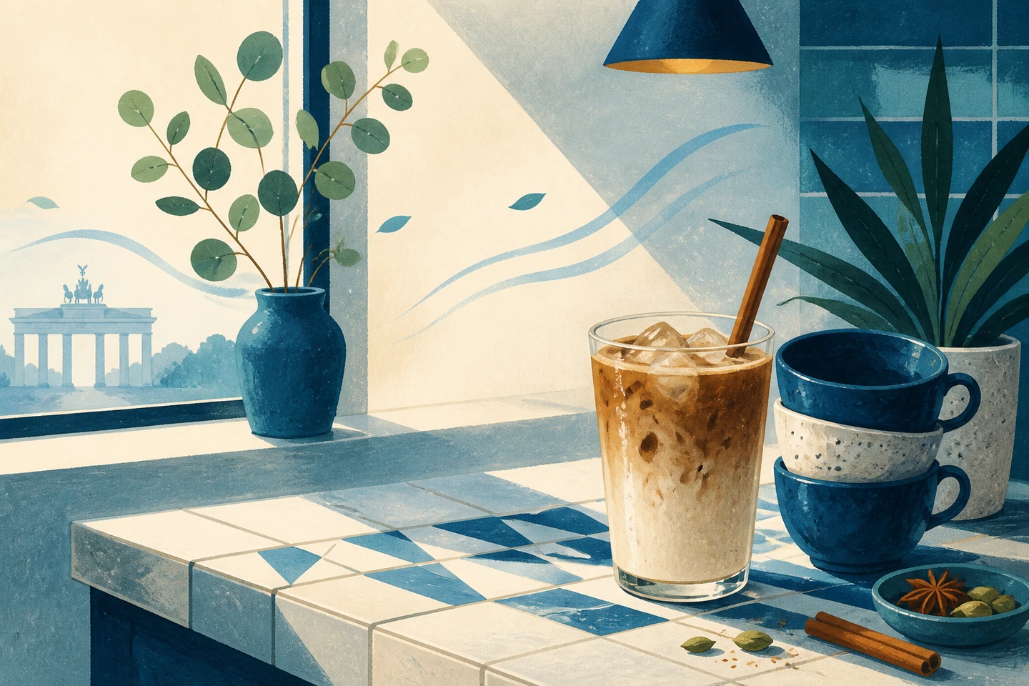 Textfreie Gouache Illustration mit einem Iced Chai Latte auf einem gefliesten Café Tresen, gestapelten Tassen und dem Brandenburger Tor im Hintergrund
