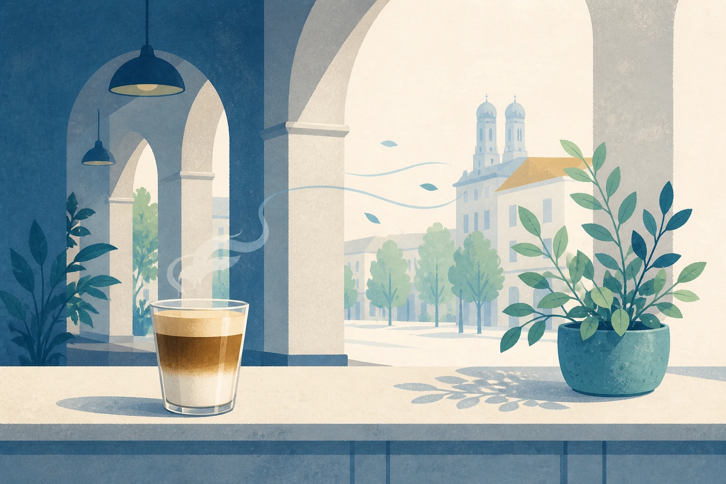 Textfreie Gouache Illustration mit einem heißen Café Latte im Schichtglas unter einer schattigen Arkade und der Frauenkirche im Hintergrund