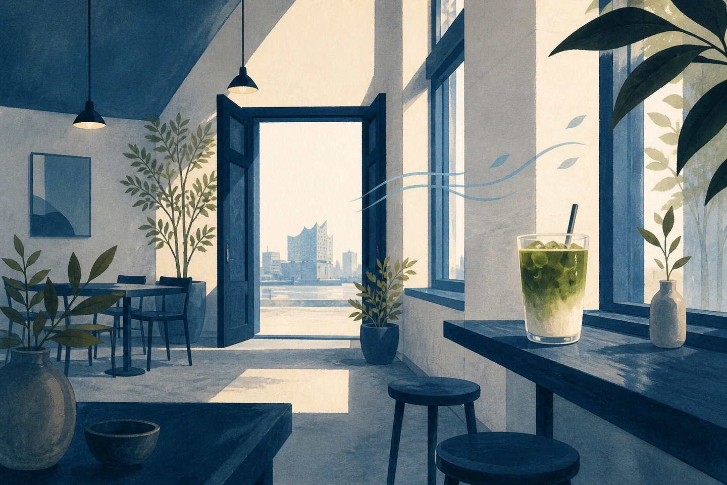 Textfreie Gouache Illustration mit einem Iced Matcha Latte an einer Fensterbar, offenem Café Eingang und der Elbphilharmonie im Hintergrund