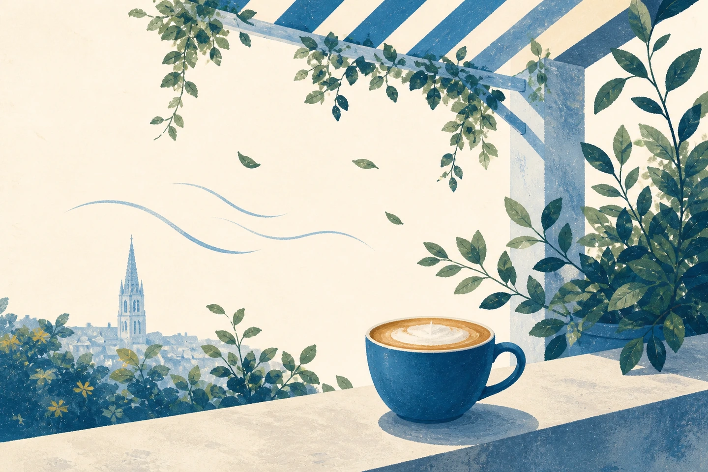 Textfreie Editorial Illustration mit heißem Cappuccino in einem begrünten Hof unter einer Pergola und dem Freiburger Münster im Hintergrund