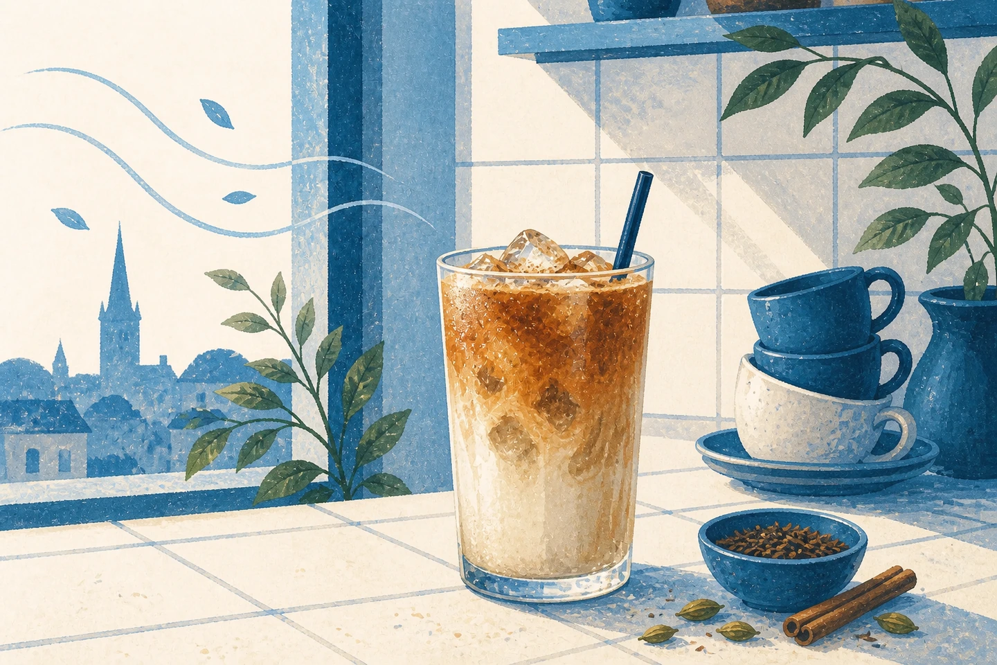 Textfreie Editorial Illustration mit einem Chai Latte auf Eis an einer gefliesten Cafétheke mit gestapelten Tassen und ruhigem Stadtblick