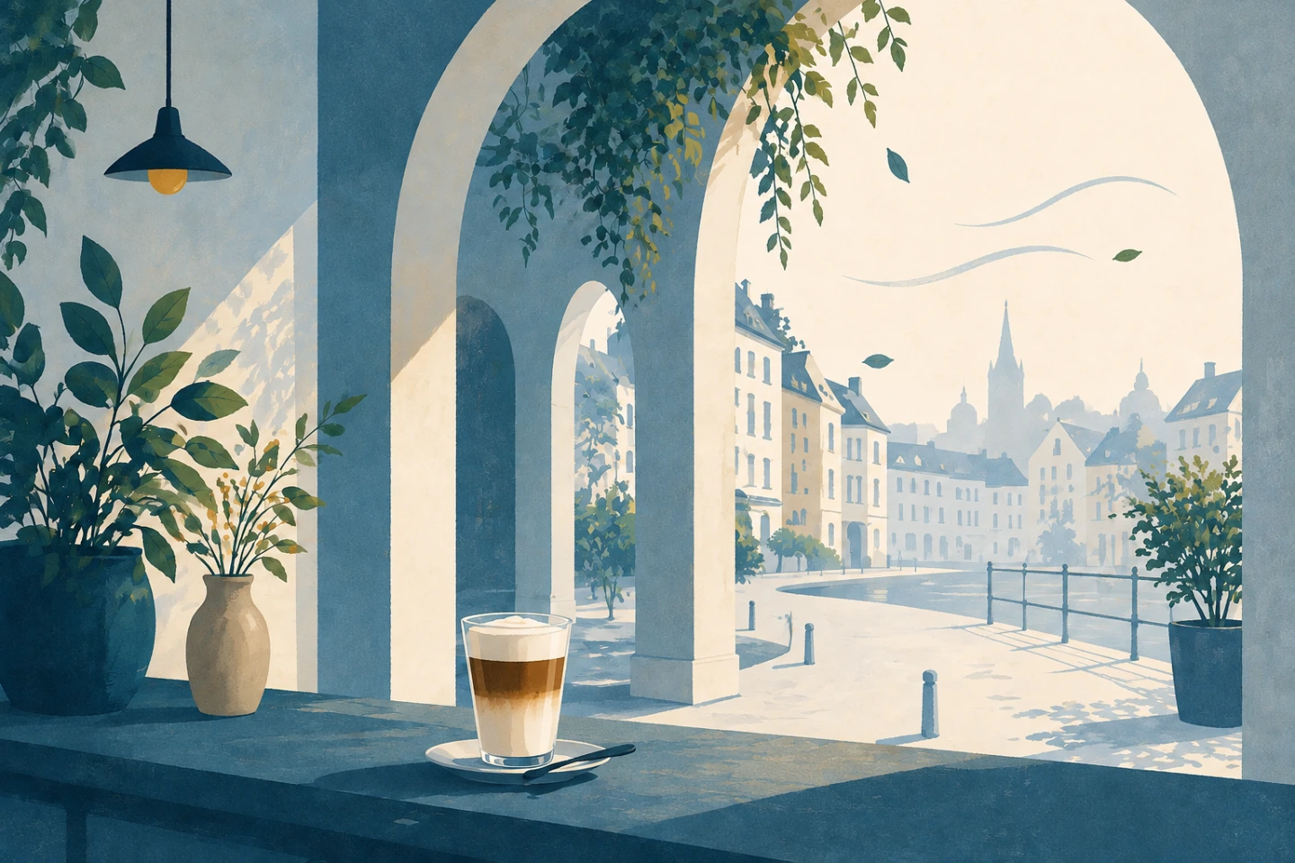 Textfreie Editorial Illustration mit heißem Café Latte im Glas unter einer schattigen begrünten Stadtarkade