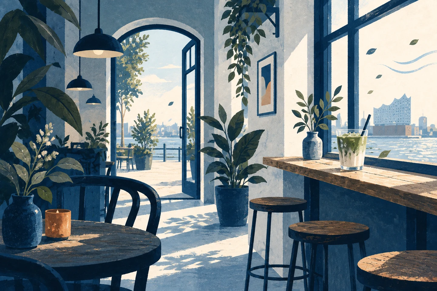 Textfreie Editorial Illustration eines hohen Caféinnenraums mit eisgekühltem Matcha Latte am Fenster und der Elbphilharmonie im Hintergrund