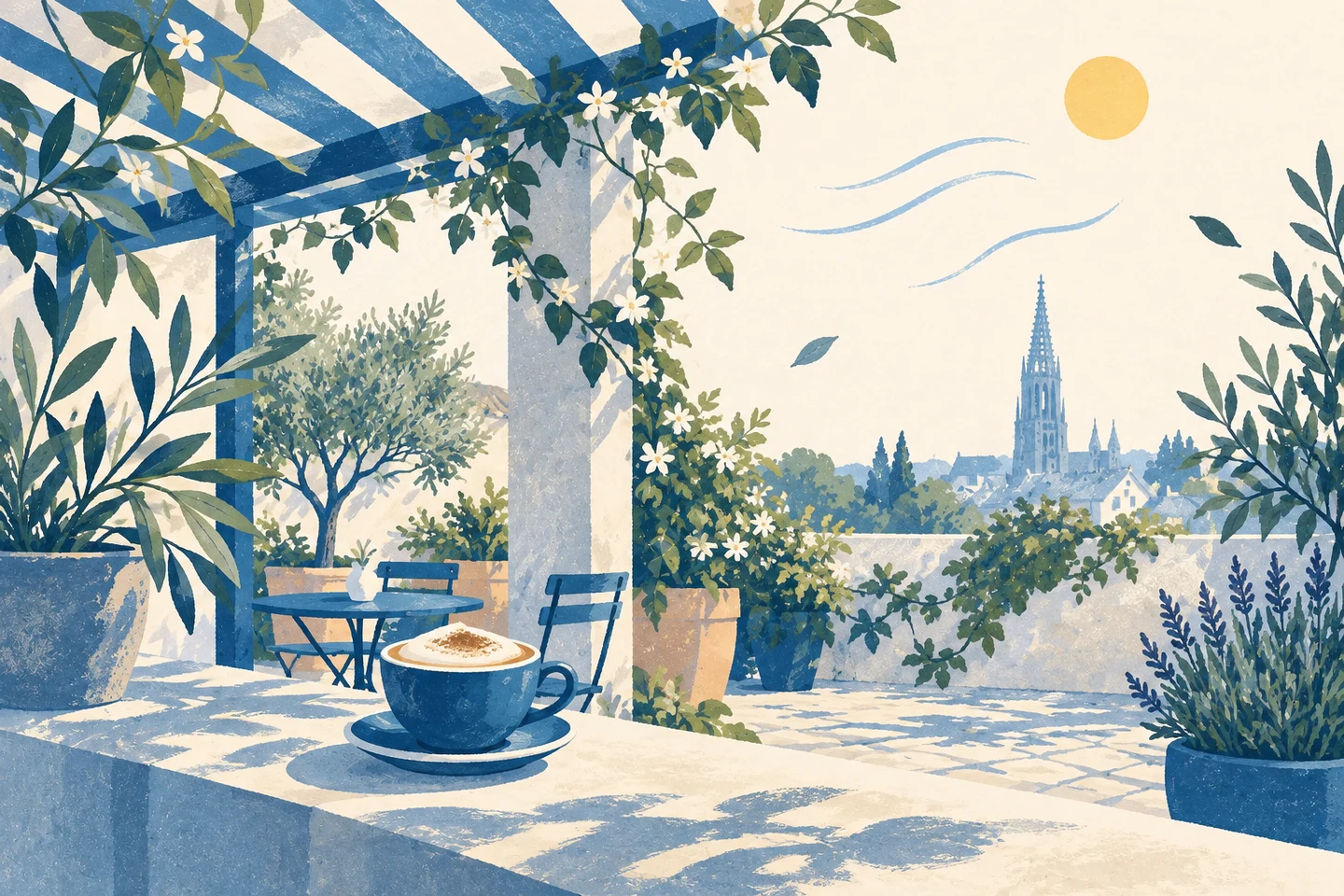 Textfreie Editorial Illustration eines begrünten Caféinnenhofs mit Cappuccino auf einer Steinbrüstung und dem Freiburger Münster im Hintergrund