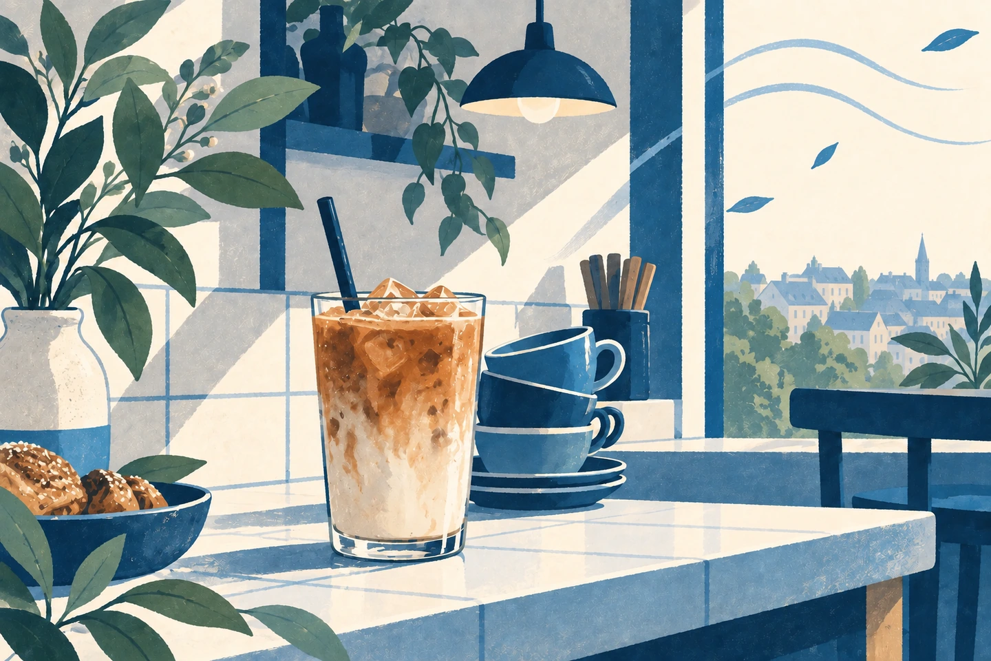 Textfreie Gouache Illustration mit einem eisgekühlten Chai Latte auf einem gefliesten Cafétresen, gestapelten blauen Tassen und einer deutschen Stadtsilhouette am Fenster
