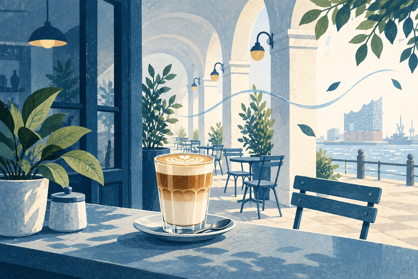 Textfreie Gouache Illustration mit einem heißen Café Latte im Schichtglas auf einem Cafétresen unter schattigen Arkaden und der Elbphilharmonie am Wasser