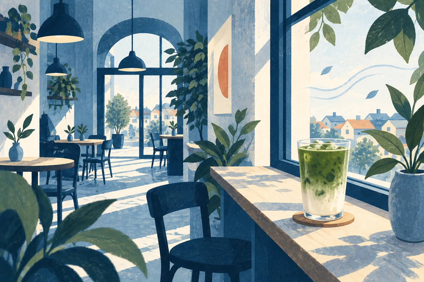 Textfreie Gouache Illustration eines hellen Caféinnenraums mit eisgekühltem Matcha Latte am Fenstertresen und Blick auf begrünte Stadtdächer