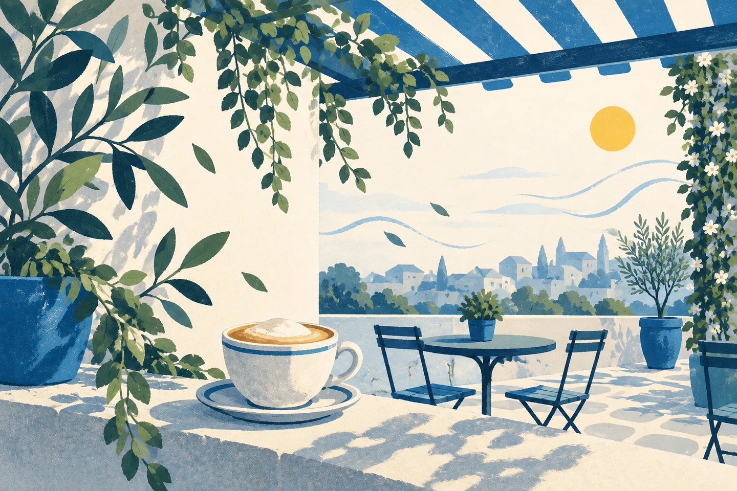 Illustration eines heißen Cappuccinos auf einer Steinablage in einem begrünten Caféinnenhof unter einer gestreiften Pergola.