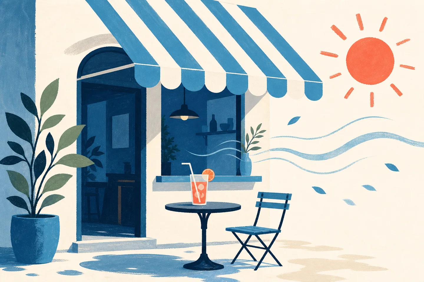 Illustration eines kühlen Cafés mit einer blauen und weißen Markise an einem heißen Tag